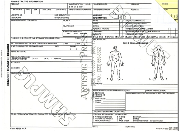 Resident Transfer Record -  2 part NCR