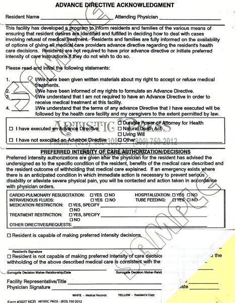 Advance Directive Ackowledgment - 2 Part NCR