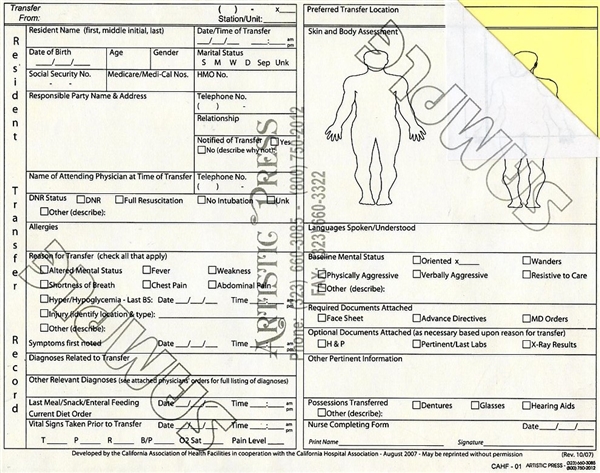 Resident Transfer Record -  2 part NCR