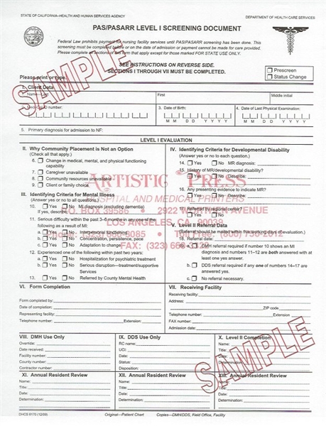 PAS / PASARR Level 1 Screening -  4 part NCR