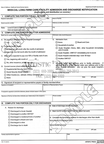 Medi-Cal Long Term Care Facility Admission And Discharge Notification # MC 171-2