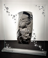 Italian 925 Silver Madonna w. Child Icon w. Swarovski Raining Crystals On Glass Base