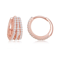 Sterling Silver Triple Row CZ Small Hoop Earrings - Rose Gold Plated