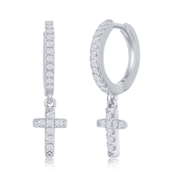 Sterling Silver Small Huggie Hoop CZ Cross Earrings