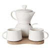Debora Carlucci White Porcelain Sugar And Creamer - with Espresso Cups Set On Bamboo Tray