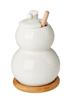 Debora Carlucci White Porcelain Honey Jar and Dripper On a Bamboo Base