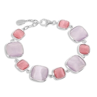 Sterling Silver Alternating Dark Watermelon & Light Violet Cat's Eye Square Bracelet