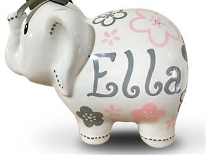 Pink grey flowers elephant piggy bank