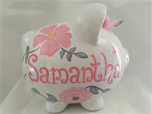 Shabby Chic grey pink flowers piggy bank