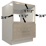 Base appliance case with a wide top rail, wide fixed shelf, a mid appliance opening, and lower bottom drawer