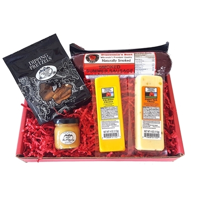 Classic Man Snack Gift Basket-Original Summer Sausage, Wisconsin Cheddar & Pepper Jack Cheeses, Dipping Pretzels and Sweet & Tangy Mustard - Perfect Snack or Gift Basket.