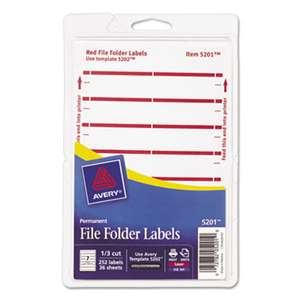 AVERY-DENNISON Print or Write File Folder Labels, 11/16 x 3 7/16, White/Dark Red Bar, 252/Pack