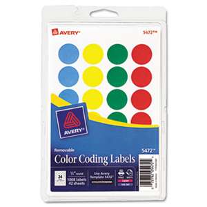 AVERY-DENNISON Printable Removable Color-Coding Labels, 3/4" dia, Assorted, 1008/Pack