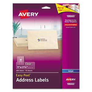 AVERY-DENNISON Clear Easy Peel Address Labels, Inkjet, 1 x 2 5/8, 300/Pack