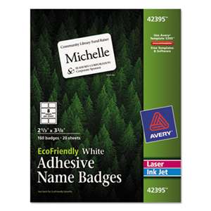 AVERY-DENNISON EcoFriendly Adhesive Name Badge Labels, 2 1/3 x 3 3/8, White, 160/Box