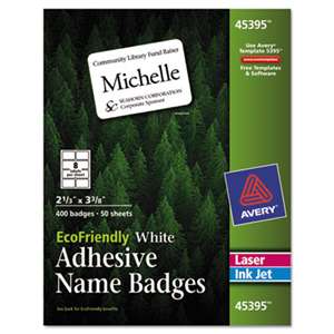 AVERY-DENNISON EcoFriendly Adhesive Name Badge Labels, 2 1/3 x 3 3/8, White, 400/Box