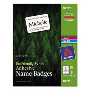 AVERY-DENNISON EcoFriendly Adhesive Name Badge Labels, 2 1/3 x 3 3/8, White, 80/Pack