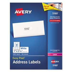 AVERY-DENNISON Easy Peel Mailing Address Labels, Laser, 1 x 2 5/8, White, 3000/Box