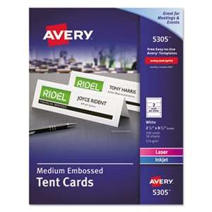 AVERY-DENNISON Medium Embossed Tent Cards, White, 2 1/2 x 8 1/2, 2 Cards/Sheet, 100/Box