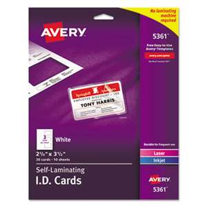 AVERY-DENNISON Laminated Laser/Inkjet ID Cards, 2 1/4 x 3 1/2, White, 30/Box
