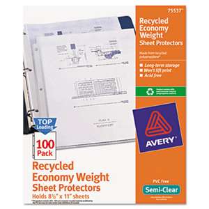 AVERY-DENNISON Top-Load Recycled Polypropylene Sheet Protector, Semi-Clear, 100/Box
