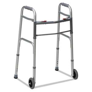 BRIGGS HEALTHCARE Two-Button Release Folding Walker with Wheels, Silver/Gray, Aluminum, 32-38"H