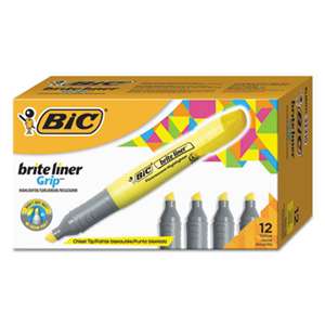 BIC CORP. Brite Liner Grip Highlighter, Chisel Tip, Fluorescent Yellow, Dozen