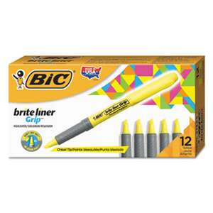BIC CORP. Brite Liner Grip Pocket Highlighter, Chisel Tip, Fluorescent Yellow, Dozen