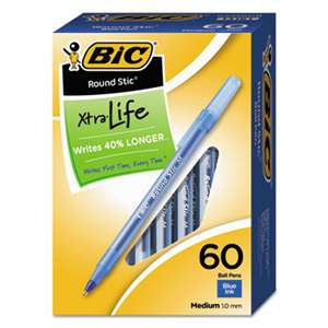 BIC CORP. Round Stic Xtra Precision/Xtra Life Ballpoint, Blue Ink, 1mm, Medium, 60/Box