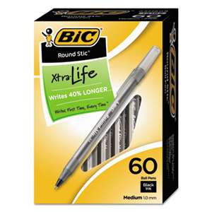 BIC CORP. Round Stic Xtra Precision/Xtra Life Ballpoint, Black Ink, 1mm, Medium, 60/Box