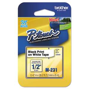 Brother P-Touch M231 M Series Tape Cartridge for P-Touch Labelers, 1/2w, Black on White