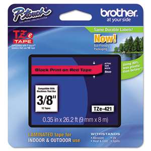 Brother P-Touch TZE421 TZe Standard Adhesive Laminated Labeling Tape, 3/8w, Black on Red