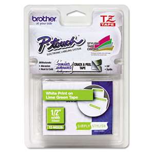 Brother P-Touch TZEMQG35 TZ Standard Adhesive Laminated Labeling Tape, 1/2" x 16.4 ft., White/Lime Green