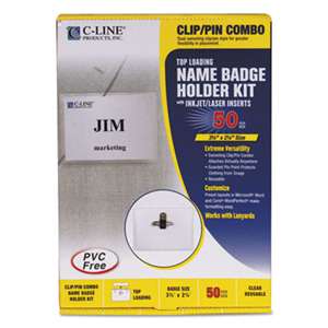 C-LINE PRODUCTS, INC Name Badge Kits, Top Load, 3 1/2 x 2 1/4, Clear, Combo Clip/Pin, 50/Box