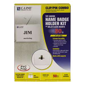 C-LINE PRODUCTS, INC Name Badge Kits, Top Load, 4 x 3, Clear, Combo Clip/Pin, 50/Box