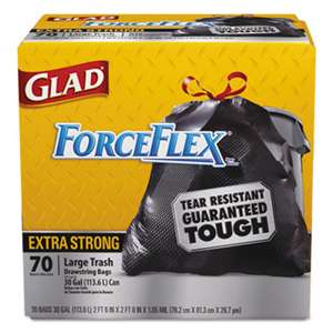 CLOROX SALES CO. Drawstring ForceFlex Large Trash Bags, 30 x 32, 30gal, 1.05mil, Black, 70/Carton