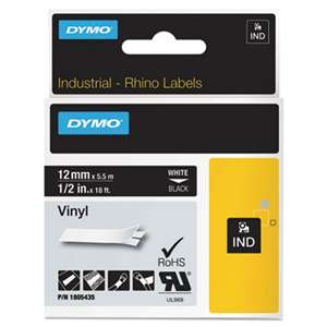 DYMO 1805435 Rhino Permanent Vinyl Industrial Label Tape, 1/2" x 18 ft, Black/White Print