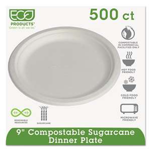 ECO-PRODUCTS,INC. Renewable & Compostable Sugarcane Plates, 9", 500/Carton