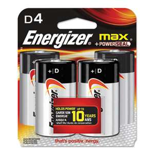 Energizer E95BP4 MAX Alkaline Batteries, D, 4 Batteries/Pack