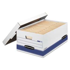 FELLOWES MFG. CO. STOR/FILE Storage Box, Legal, Locking Lid, White/Blue, 12/Carton