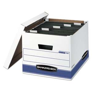 FELLOWES MFG. CO. HANG'N'STOR Storage Box, Legal/Letter, Lift-off Lid, White/Blue, 4/Carton