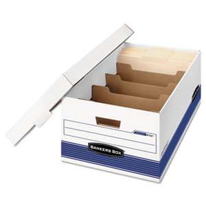 FELLOWES MFG. CO. STOR/FILE Extra Strength Storage Box, Legal, Locking Lid, White/Blue, 12/Carton