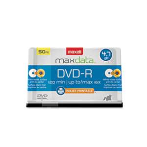 MAXELL CORP. OF AMERICA DVD-R Recordable Discs, Printable, 4.7GB, 16x, Spindle, White, 50/Pack