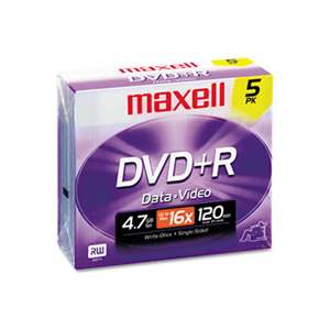 MAXELL CORP. OF AMERICA DVD+R Discs, 4.7GB, 16x, w/Jewel Cases, Silver, 5/Pack