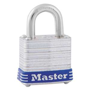 MASTER LOCK COMPANY Four-Pin Tumbler Lock, Laminated Steel Body, 1 1/8" Wide, Silver/Blue, Two Keys