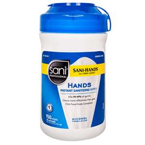 Sani Professional P43572CT Sani-Hands with Tencel Sanitizing Wipes, 5"w x 6"l, White, 150/Canister, 12/Ctn