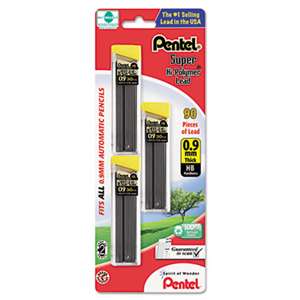 PENTEL OF AMERICA Super Hi-Polymer Lead Refills, 0.9mm, HB, Black, 30/Tube, 3 Tubes/Pack