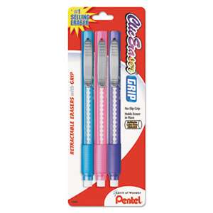 PENTEL OF AMERICA Clic Eraser Pencil-Style Grip Eraser, Assorted, 3/Pack