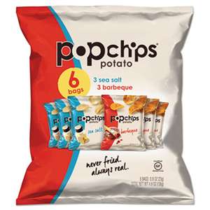 POPCHIPS Potato Chips, BBQ/Sea Salt Flavor, .8 oz Bag, 6/Pack