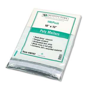 QUALITY PARK PRODUCTS Redi-Strip Poly Mailer, Side Seam, 10 x 13, White, 100/Box